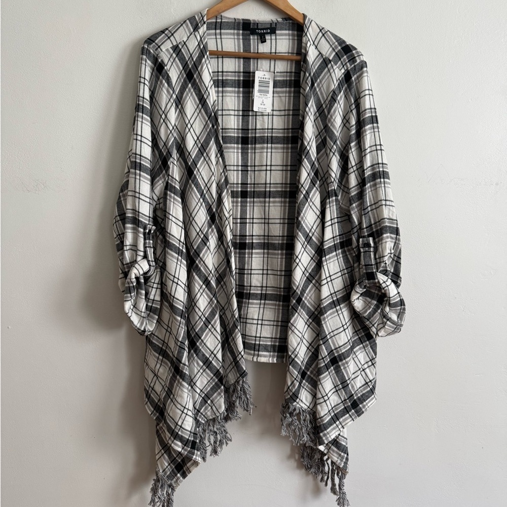 Torrid Plaid Open Front Drape Jacket Fringe Hem Size 2 (2X)